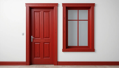 Crimson Elegance: A striking interplay of a crimson door and window against a clean backdrop. Showcasing a modern design, this image captures architectural simplicity.