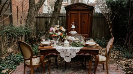 Backyard Tea Party with Antique Furniture