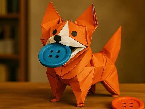 Adorable Origami Corgi Dog Crafted from Bright Orange Paper with Playful Expression Sitting Between Colorful Buttons on Wooden Table
