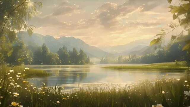 Serene Lake Landscape at Golden Hour with Wildflowers in Foreground Misty Mountains and Reflective Water Under a Dreamy Sunset Sky