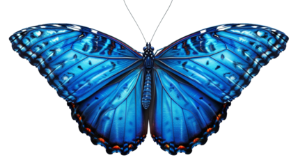 Striking iridescent blue Morpho butterfly with black and orange markings, wings fully spread isolated on transparent background.