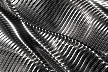 Abstract metallic wave pattern with reflective surfaces for modern design. 3d render