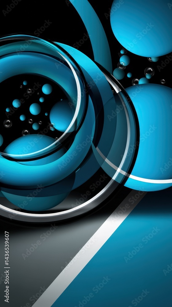 Poster abstract background design featuring teal spheres circles and a modern geometric pattern