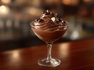 Glass of chocolate mousse topped with whipped cream and chocolate shavings, set on a blurred bokeh background.