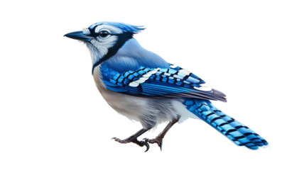 Striking blue jay with black bars and white patches, perched isolated on transparent background.