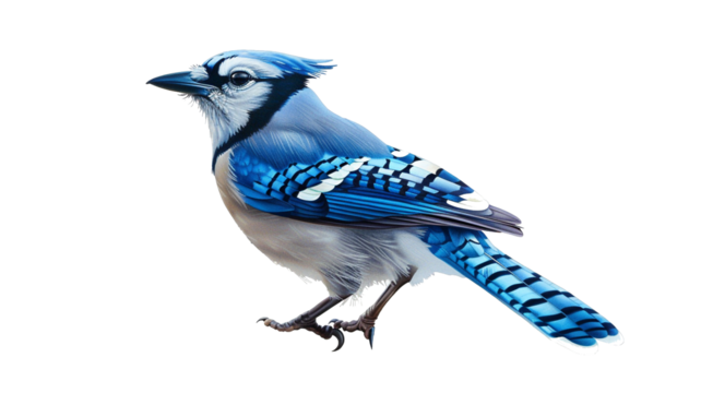 Striking blue jay with black bars and white patches, perched isolated on transparent background.