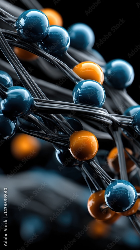 Poster abstract 3d rendering of interconnected spheres network blue and orange molecular structure