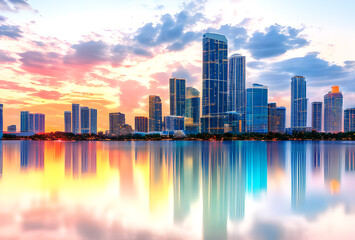 Fototapeta premium Stylized illustration of a city skyline reflected in water with bright colors and elongated shadows, high quality, generative ai