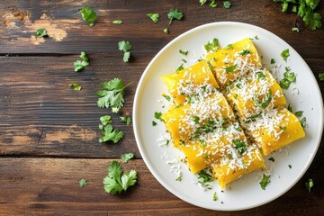 Plate of savory stuffed rolls garnished with shredded coconut and fresh coriander on a rustic wooden table.