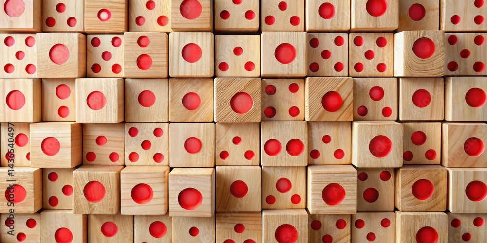 Poster a captivating arrangement of wooden blocks, each featuring vibrant red circular inlays, forming a vi