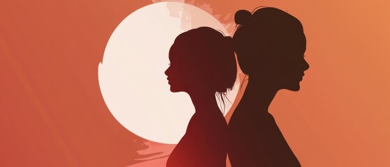 Silhouette of two women standing back to back in front of a sun or moon, representing sisterhood, friendship, and feminine strength