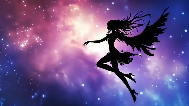 Silhouette of a fairy soaring through a colorful cosmic background filled with stars