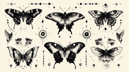 Elegant black butterfly tattoo designs;  cream background; art sheet
