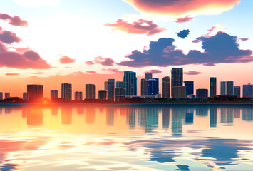 Obraz premium Stylized illustration of a city skyline reflected in water with bright colors and elongated shadows, high quality, generative ai