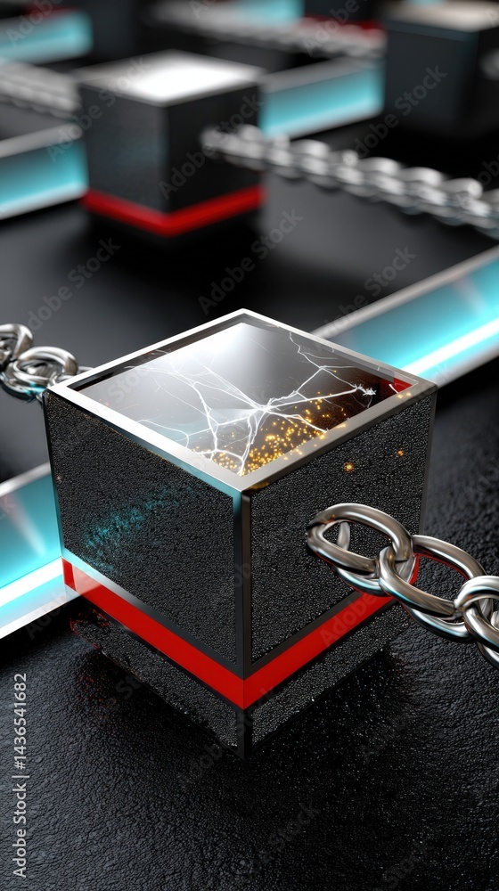 Poster abstract black cubes linked by a chain energy sparks inside a shiny cube digital technology concept