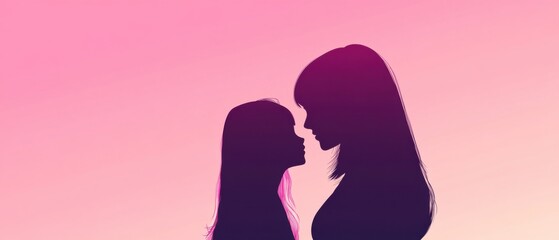 Silhouette of loving mother and daughter facing each other with pink gradient background Concept of motherhood, family bond, love, care, and connection