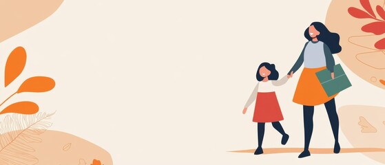 Cartoon mother and daughter holding hands walking together in autumn colors Concept of family, childhood, and motherhood