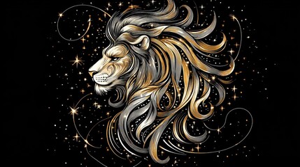 Majestic gold lion profile, cosmic background, zodiac art