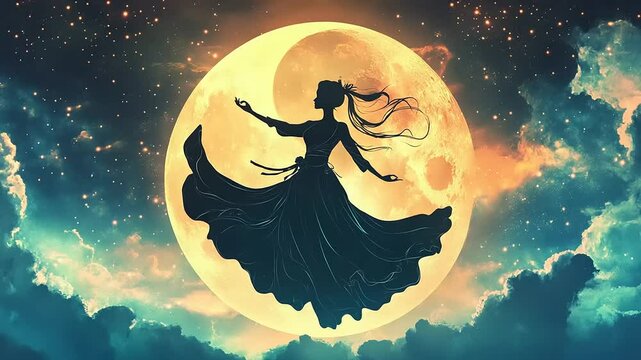 Silhouette of a graceful dancer twirling under a luminous full moon surrounded by clouds