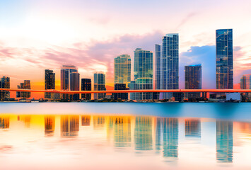 Fototapeta premium Stylized illustration of a city skyline reflected in water with bright colors and elongated shadows, high quality, generative ai