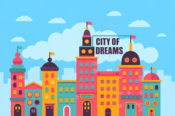 Naklejka premium Colorful Cityscape Flat with Buildings, Flags, Sky, and Clouds Design