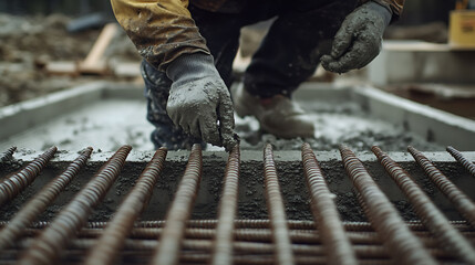 Construction Worker Laying Concrete on Reinforcement Bars
