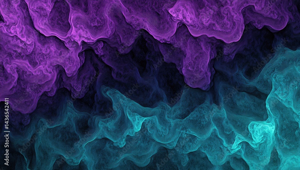 Poster abstract swirling organic forms in vibrant purple and teal colors. deep and flowing textures create 