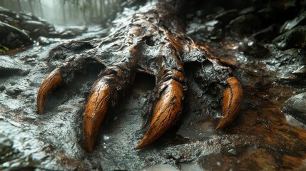 Mud-caked monstrous claw in dark forest