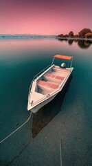 Fototapeta premium Serene Sunset View Small Motorboat Docked at Lakeside Peaceful Waters
