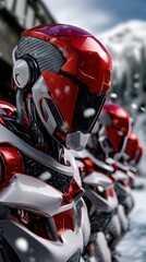Fototapeta premium Futuristic Red and White Robots Standing in Snowy Landscape Sci fi androids in winter scene