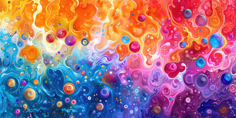 Abstract painting featuring swirling colors and floating spheres in a vibrant composition style