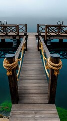 Naklejka premium Serene Wooden Dock Extending Over Calm Lake Water on a Misty Day A Peaceful Pier Scene