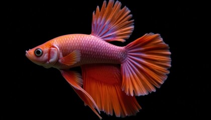 Fototapeta premium Vibrant orange betta fish swimming gracefully in a dark water background