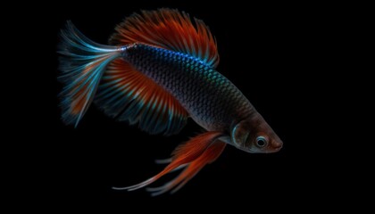 Fototapeta premium Vibrant Betta Fish with Colorful Fins Swimming in Dark Background Environment