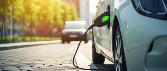 Electric Car. Modern Electric Vehicle. Electric Car Charging at Station. Eco-Friendly Vehicle Connected to Power Source. Clean Energy and Sustainable Transportation Concept with copy space.