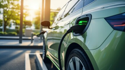 Electric Car. Modern Electric Vehicle. Electric Car Charging at Station. Eco-Friendly Vehicle Connected to Power Source. Clean Energy and Sustainable Transportation Concept with copy space. 