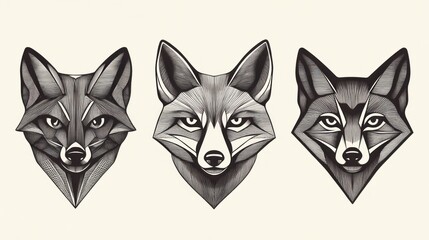 Fototapeta premium Three fox head illustrations, geometric style, white background, wildlife art print