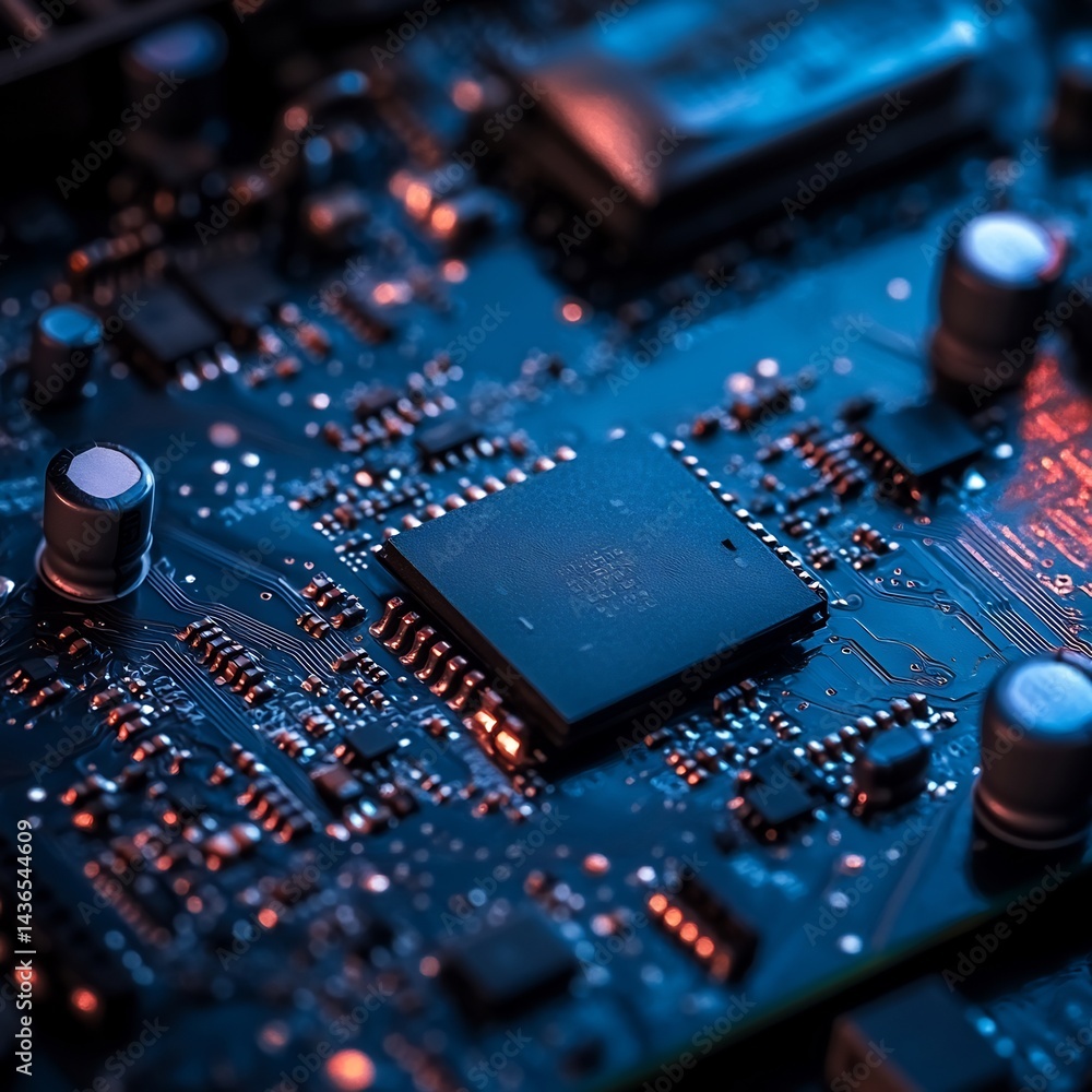 Poster intricate network: microchip and interconnected components illuminating data flow