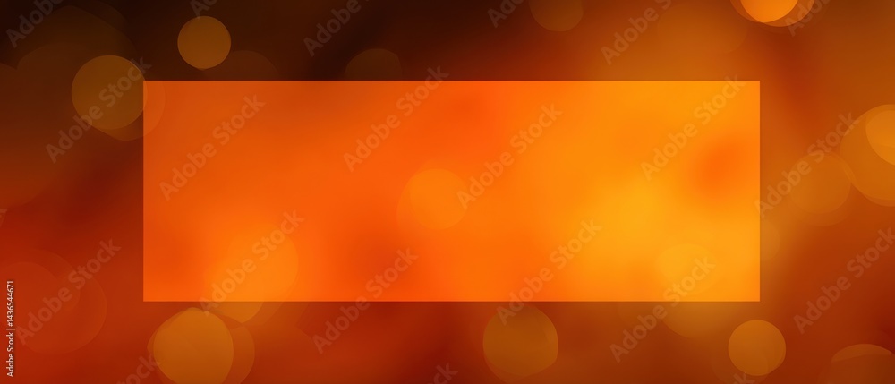 Poster abstract orange bokeh background with rectangular frame for text or product placement, creating a wa