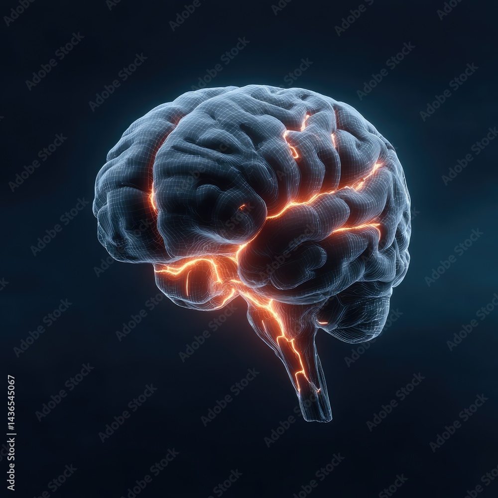 Poster abstract brain illustration with neural network connections on dark blue background showcasing artif