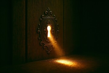 Mysterious golden light shining through an antique keyhole in a dark wooden door, symbolizing secrets, discovery, and hidden opportunities.