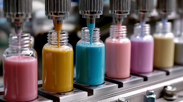 Automated machines fill glass bottles with colorful liquid products in a modern production line.