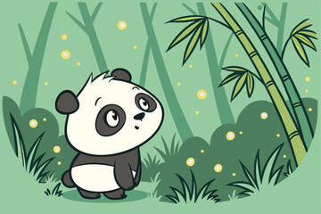 78 Cute cartoon panda, bamboo forest, magical glowing fireflies, lush green background, soft lighting, dreamy atmosphere, digital art, 3D rendering, high detail, adorable character design, fantasy ele © Md Ruhul Amin