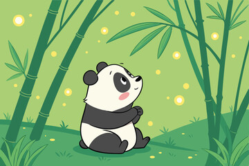 78 Cute cartoon panda, bamboo forest, magical glowing fireflies, lush green background, soft lighting, dreamy atmosphere, digital art, 3D rendering, high detail, adorable character design, fantasy ele © Md Ruhul Amin