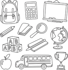 School doodles, backpack, chalkboard, calculator, magnifying glass, globe, ABC blocks, apple, school bus, trophy, black line illustration

