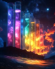Cosmic Nebulae Contained Within Glass Tubes At Sunset