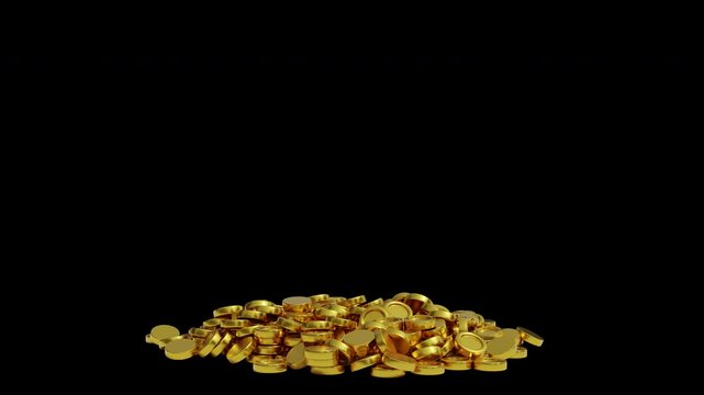 3d gold coins rain pile on the floor alpha channel transparent background animation video. 3d render.