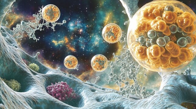 Surreal lysosomes peroxisomes floating in a cosmic inspired cytoplasm