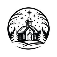 Monochrome Building Surrounded by Trees, Stars, and Snowflakes Silhouette in a Circle