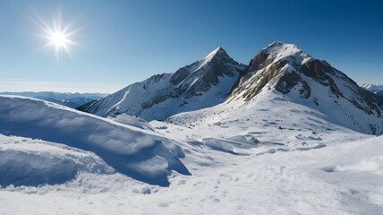 A stunning image of snow-covered mountains, their towering peaks blanketed in pristine white snow.